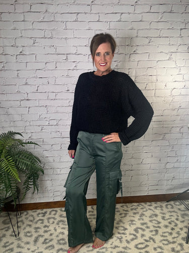 Olive Satin Cargo Pants