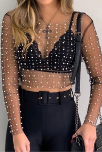Black Mesh Top with Pearls and Rhinestones