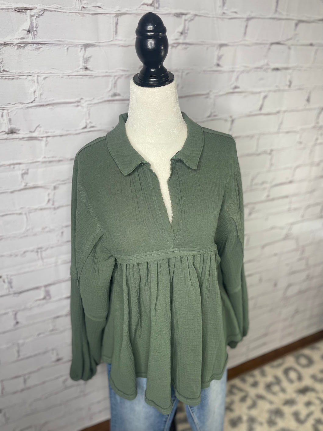 Olive green cotton gauze BabyDoll top